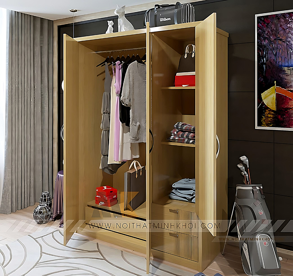 Tủ Quần Áo MDF Cao Cấp Màu Gỗ Sồi - TA652