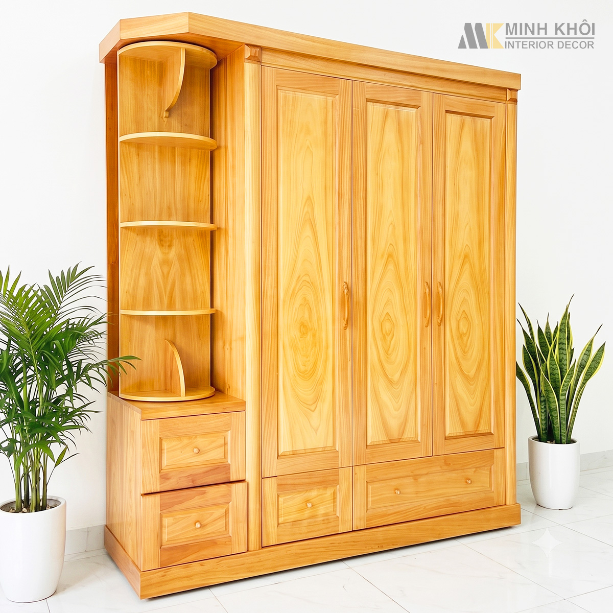Tủ Quần Áo Gỗ Gõ Đỏ 3 Cánh Góc Trang Trí Xoay - TA212