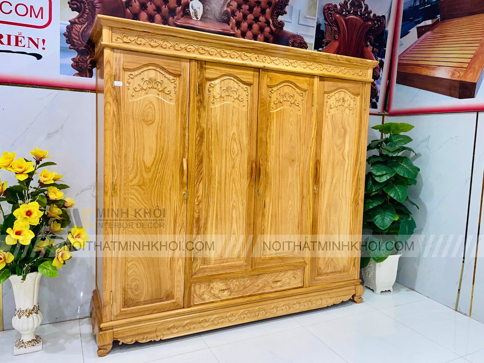 Tủ Quần Áo Cao Cấp Gỗ Gõ Đỏ 4 Cánh - TA969