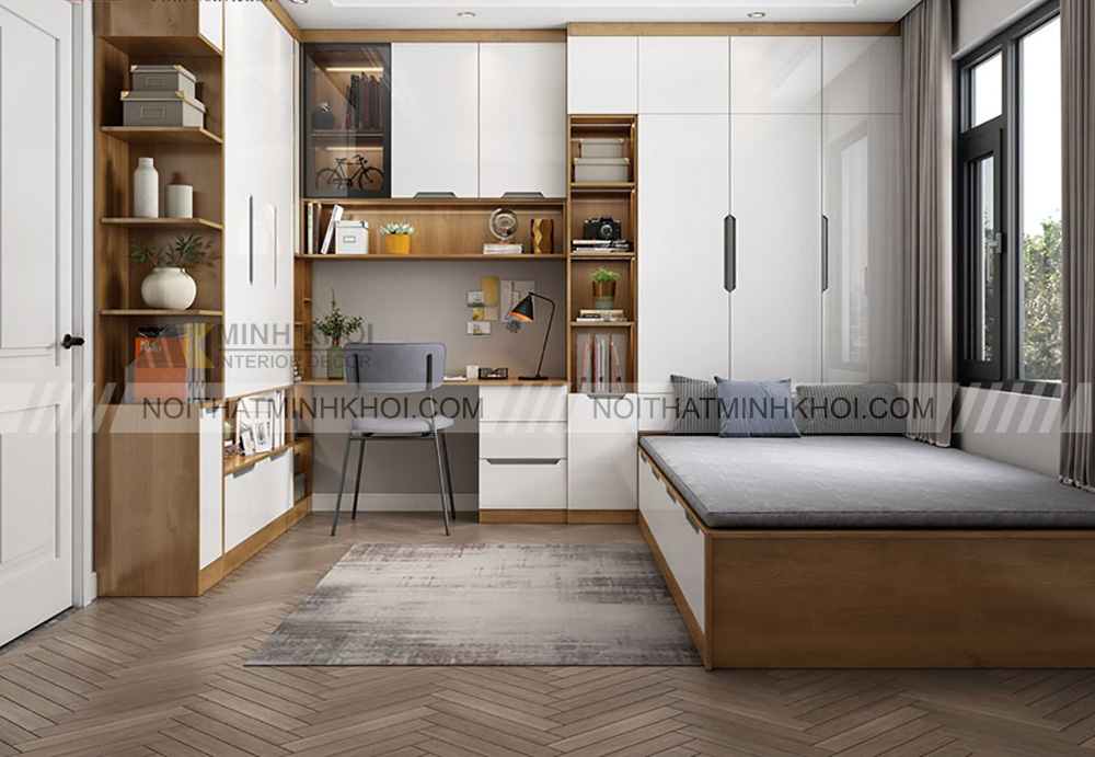 Tủ quần áo chữ L kết hợp bàn làm việc