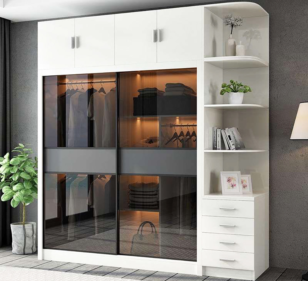 Tủ quần áo decor cửa kính có đèn kèm kệ trang trí