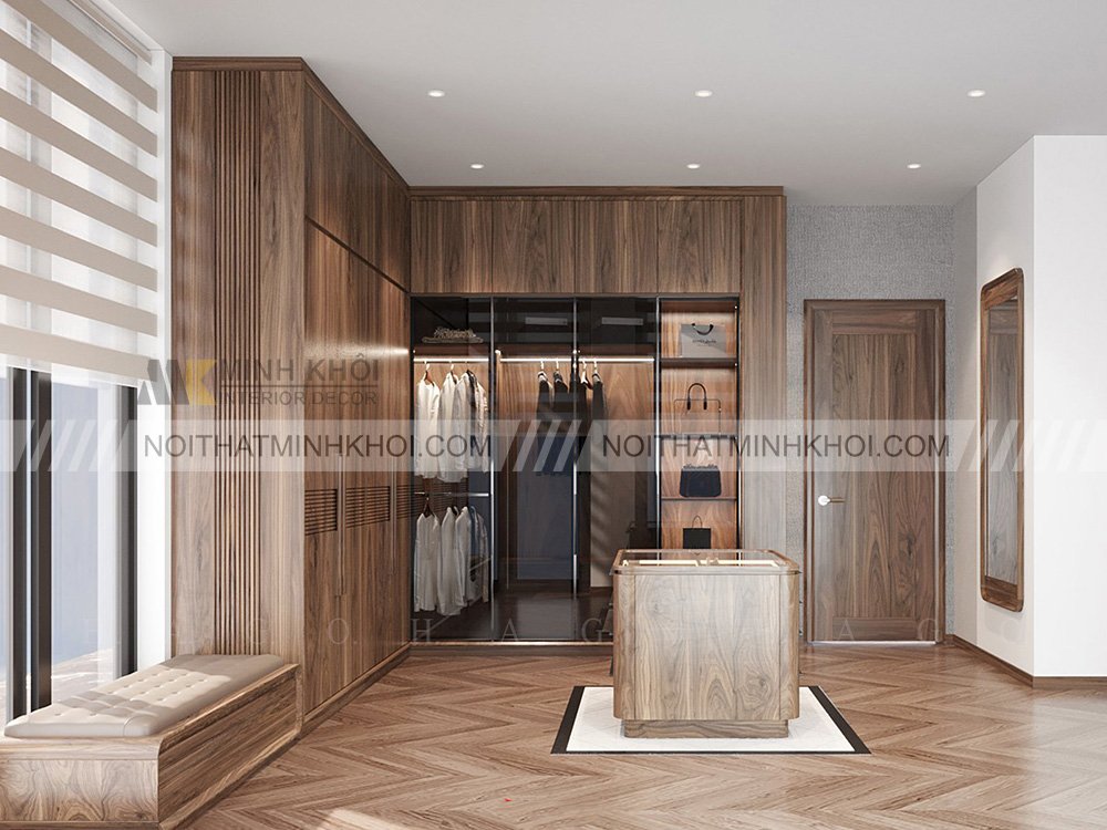 Tủ quần áo gỗ chữ L kích trần