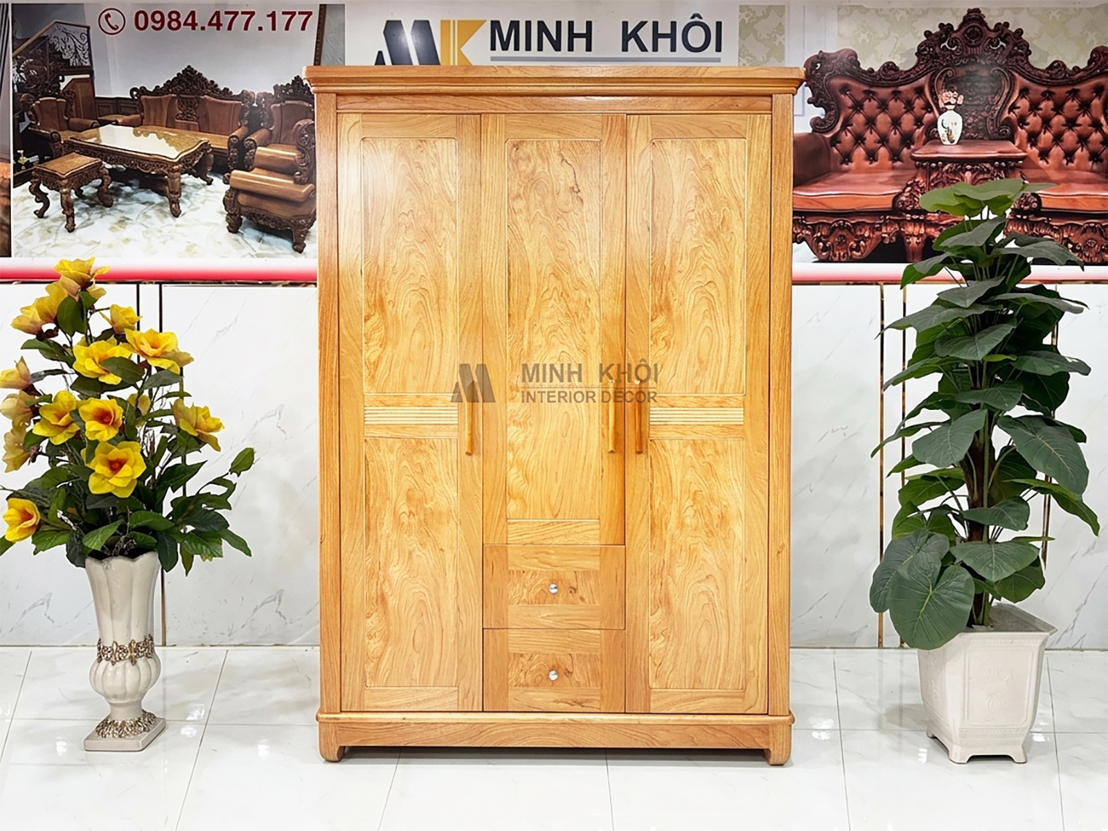 Tủ Quần Áo 3 Cánh Phủ Gỗ Gõ Đỏ Hiện Đại – TA936