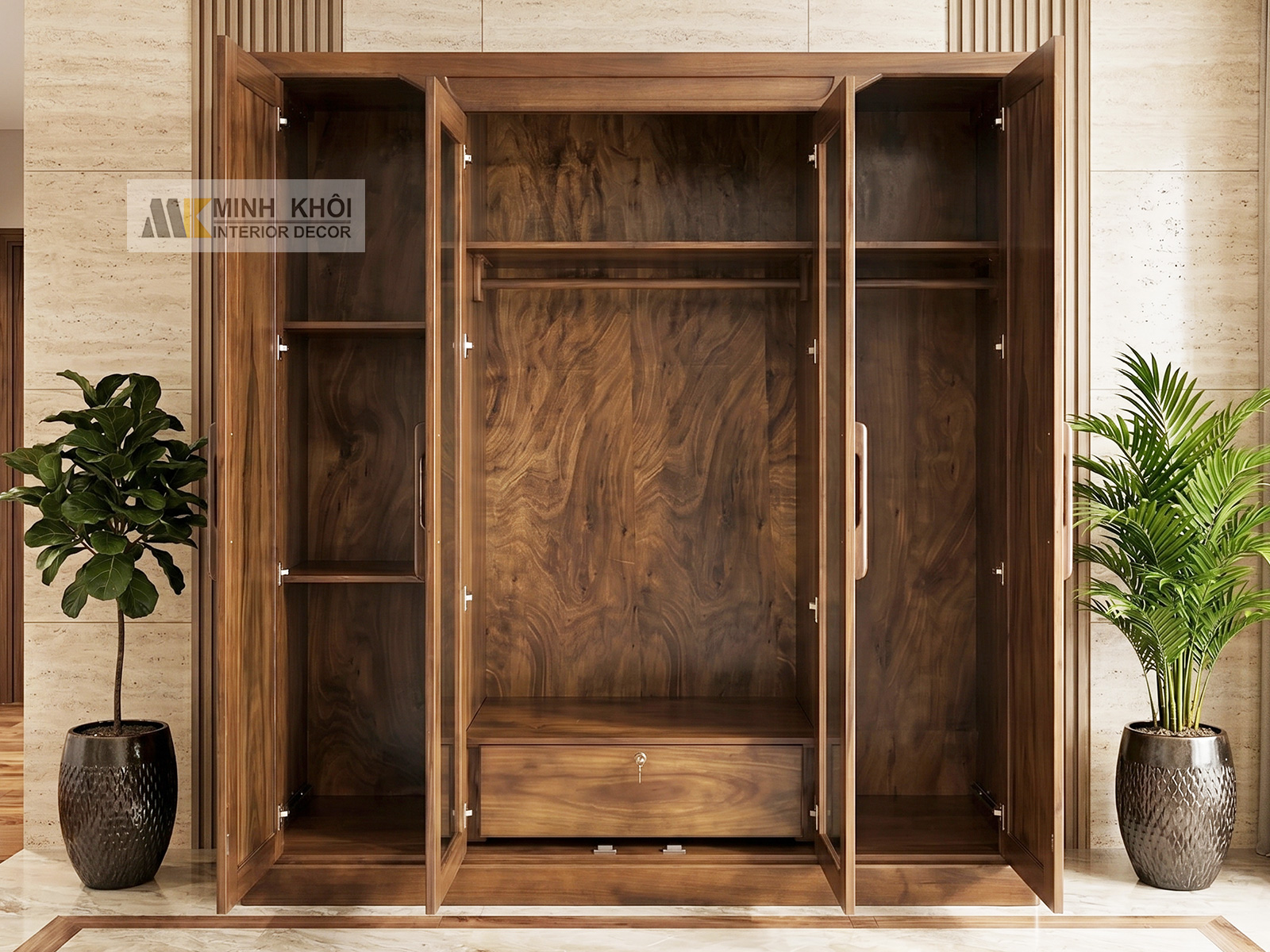 Tủ Quần Áo 4 Cánh Gỗ Sồi Phủ Óc Chó Cửa Kính – TA861