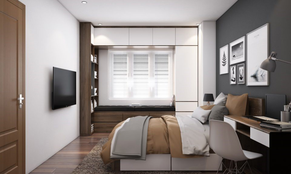 Tủ quần áo gỗ thông minh bao quanh cửa sổ