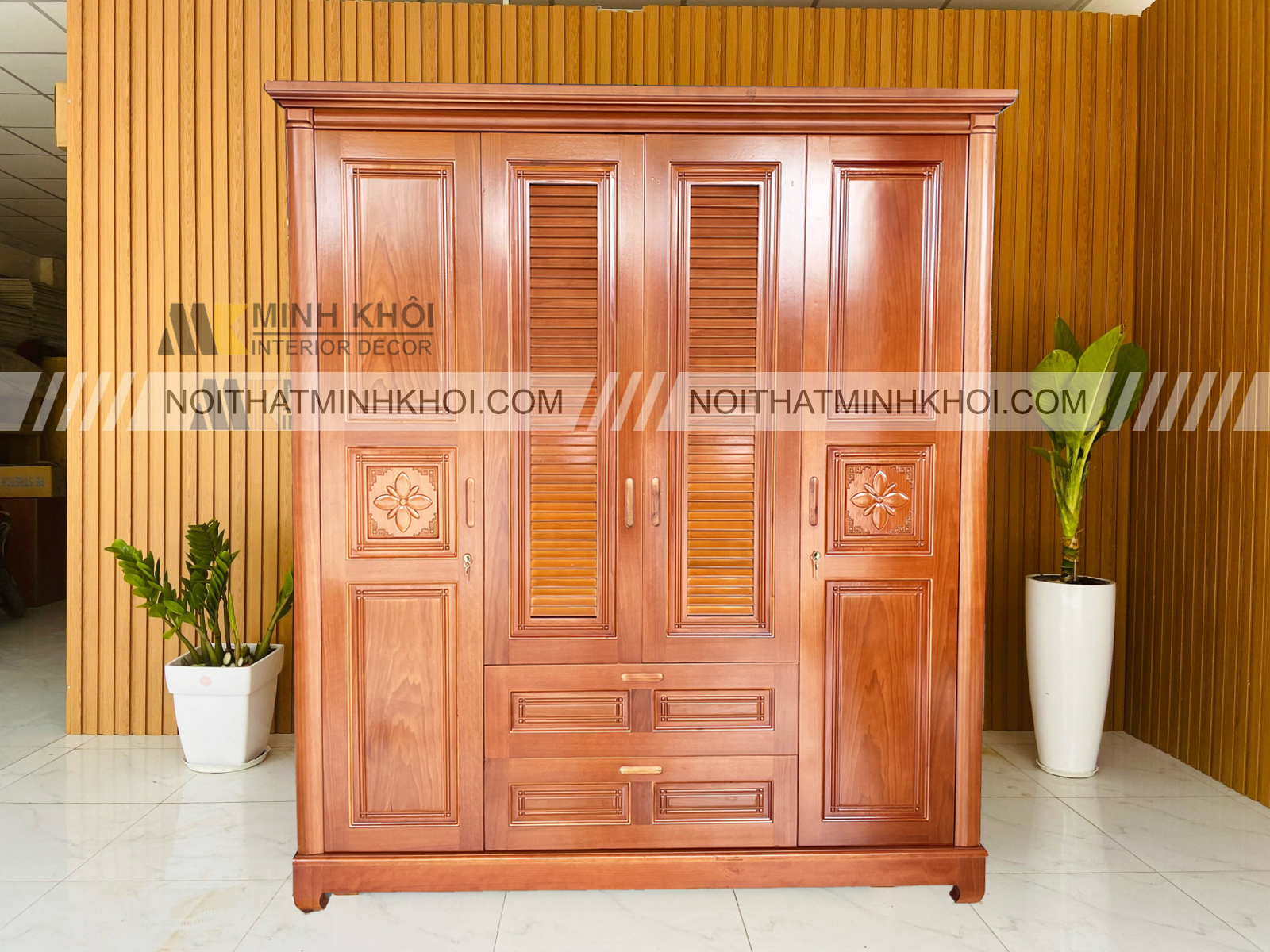 Tủ quần áo gỗ xoan đào 4 cánh 2m lá sách - TA890