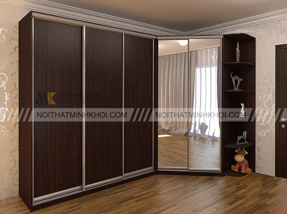 Mẫu tủ quần áo góc chữ L có thiết kế gương soi