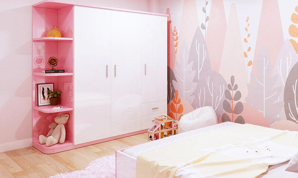 Tủ quần áo kết hợp kệ trang trí bé gái