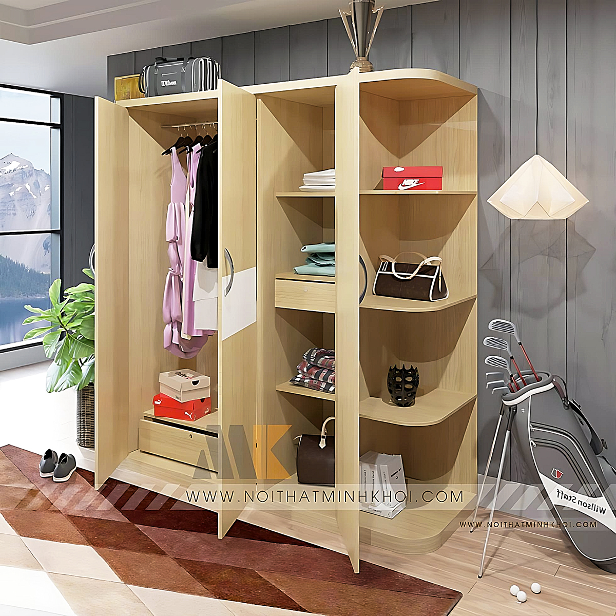 Tủ Quần Áo MFC 3 Cánh Kệ Trang Trí - TA637