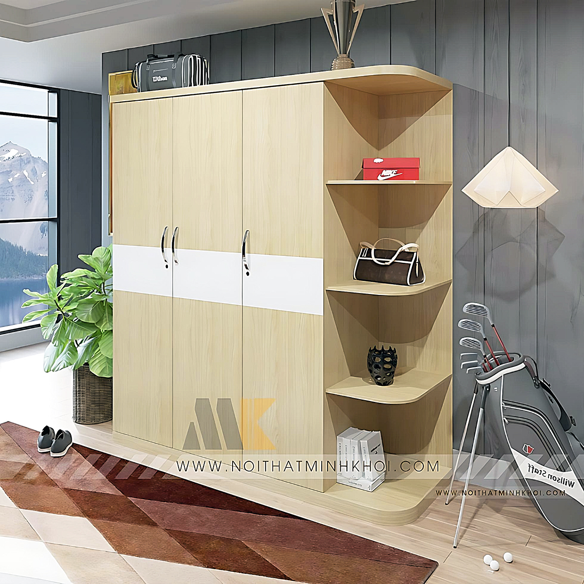 Tủ Quần Áo MFC 3 Cánh Kệ Trang Trí - TA637