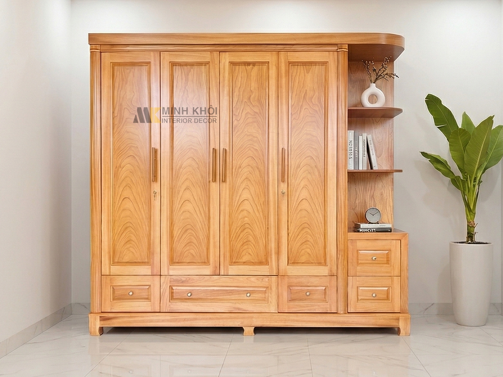 Tủ Quần Áo Phủ Gỗ Gõ Đỏ 4 Cánh Có Kệ Trang Trí - TA948