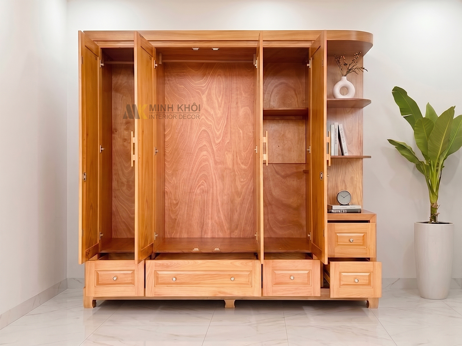 Tủ Quần Áo Phủ Gỗ Gõ Đỏ 4 Cánh Có Kệ Trang Trí - TA948