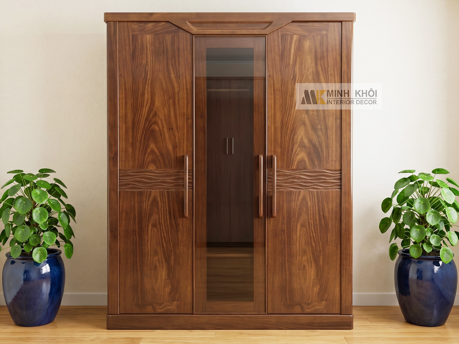 Tủ Quần Áo Gỗ Sồi Phủ Óc Chó 3 Cánh Kính - TA863