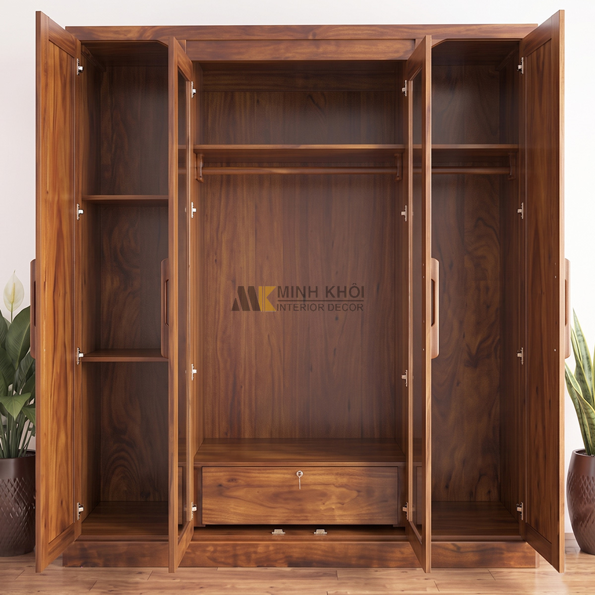 Tủ Quần Áo 4 Cánh Gỗ Sồi Phủ Óc Chó Cửa Kính – TA861
