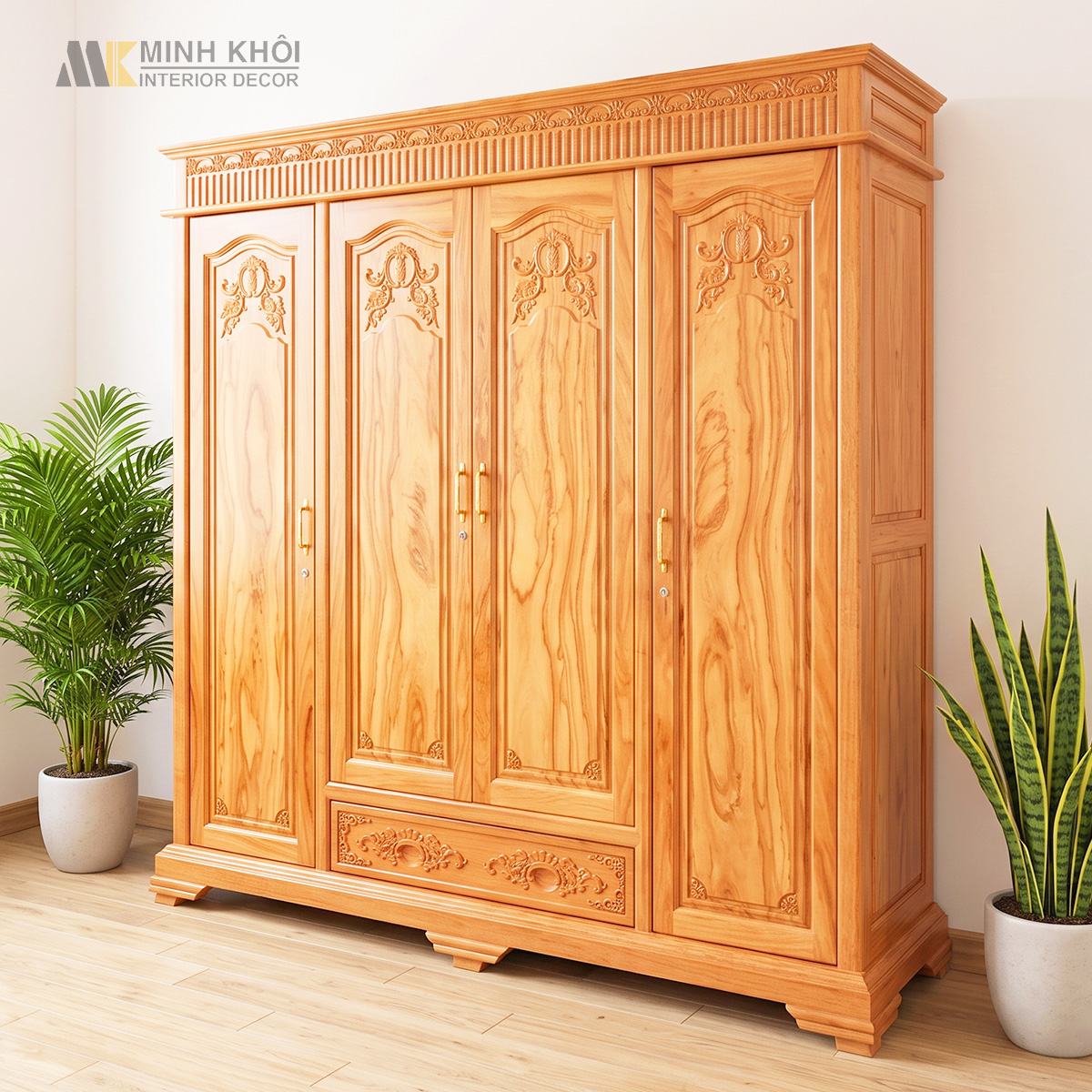 Tủ Quần Áo Gỗ Gõ Đỏ Cổ Điển Cao Cấp - TA977