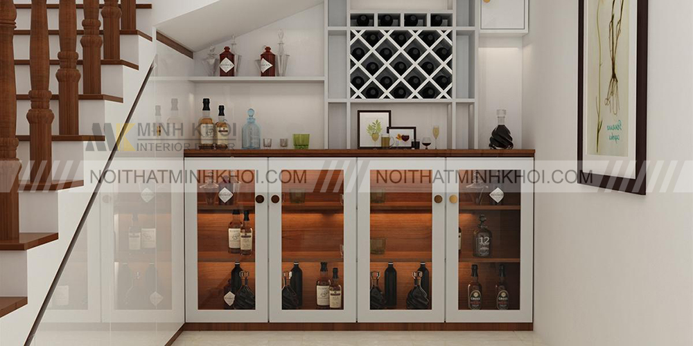 Tủ rượu âm tường đơn giản nhỏ gọn dưới chân cầu thang