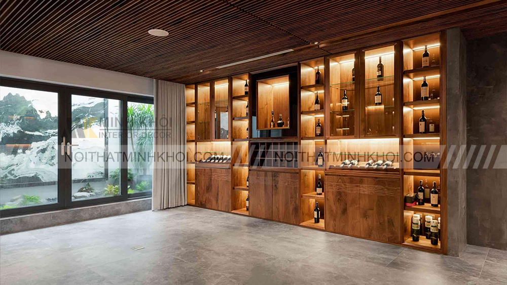 Tủ rượu âm tường kết hợp đèn led tinh tế và sang trọng