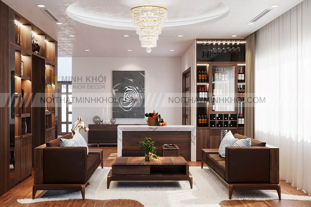 Tủ rượu âm tường kết hợp kệ tivi bằng gỗ óc chó
