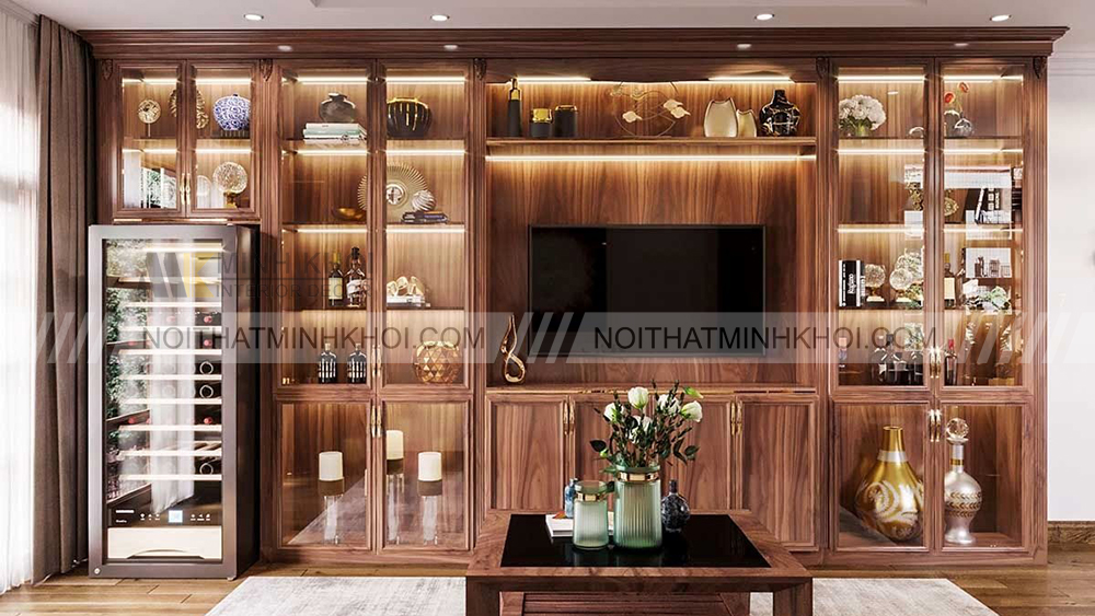 Tủ rượu âm tường kết hợp kệ tivi bằng gỗ óc chó
