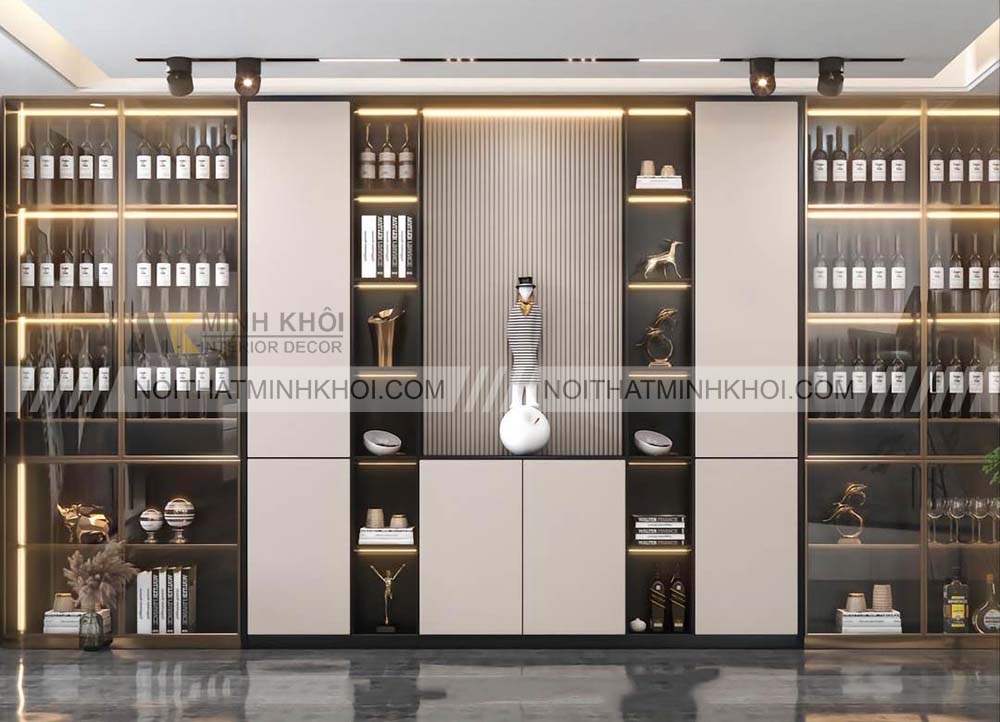 Tủ rượu cánh kính kết hợp với đèn led và gương soi