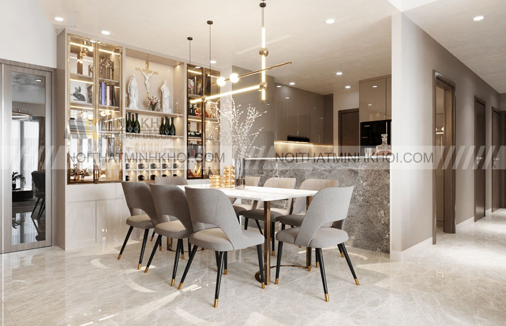 Tủ rượu cánh kính kết hợp với kệ sách và tranh treo tường