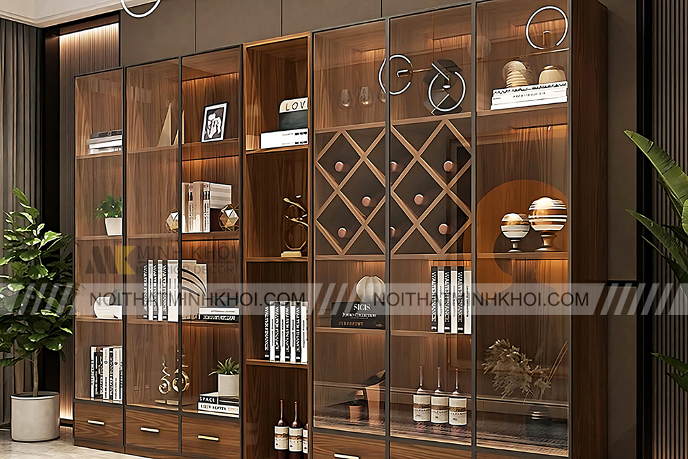 Tủ rượu cánh kính kết hợp với kệ sách và tranh treo tường
