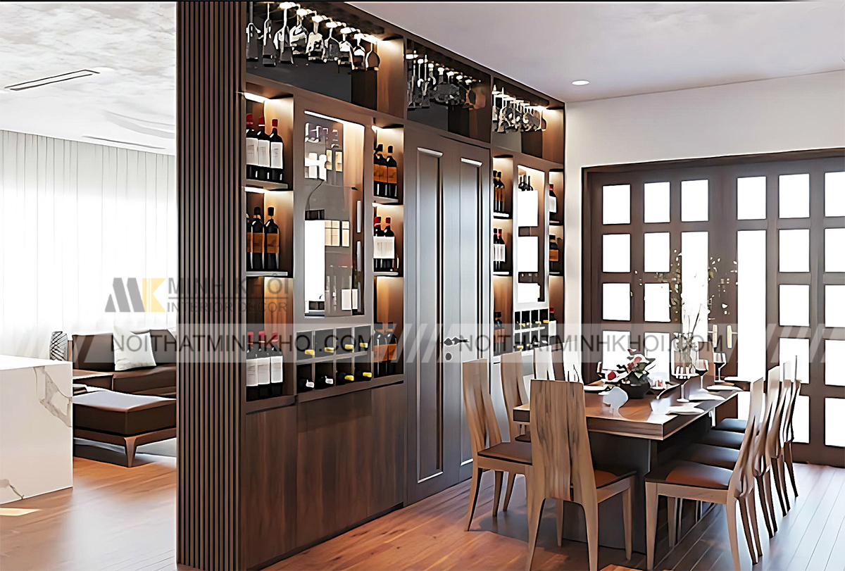 Tủ rượu kết hợp vách ngăn bằng gỗ