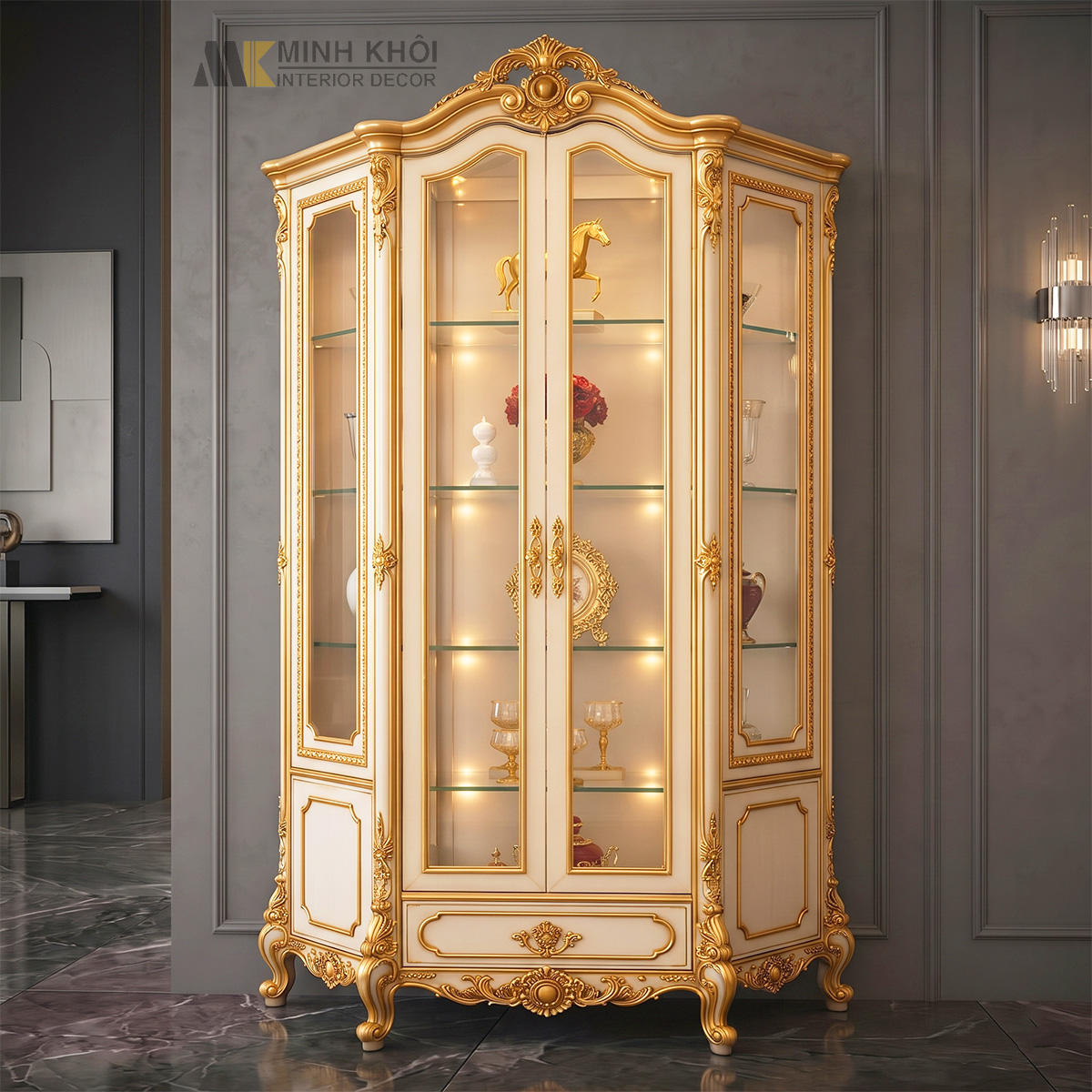Tủ Rượu Lục Giác Cổ Điển Trắng 2 Cánh - TR977