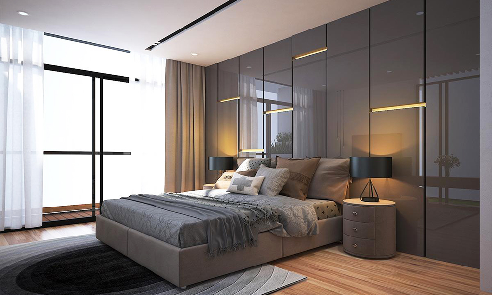 Vách đầu giường giúp không gian phòng ngủ có thêm điểm nhấn
