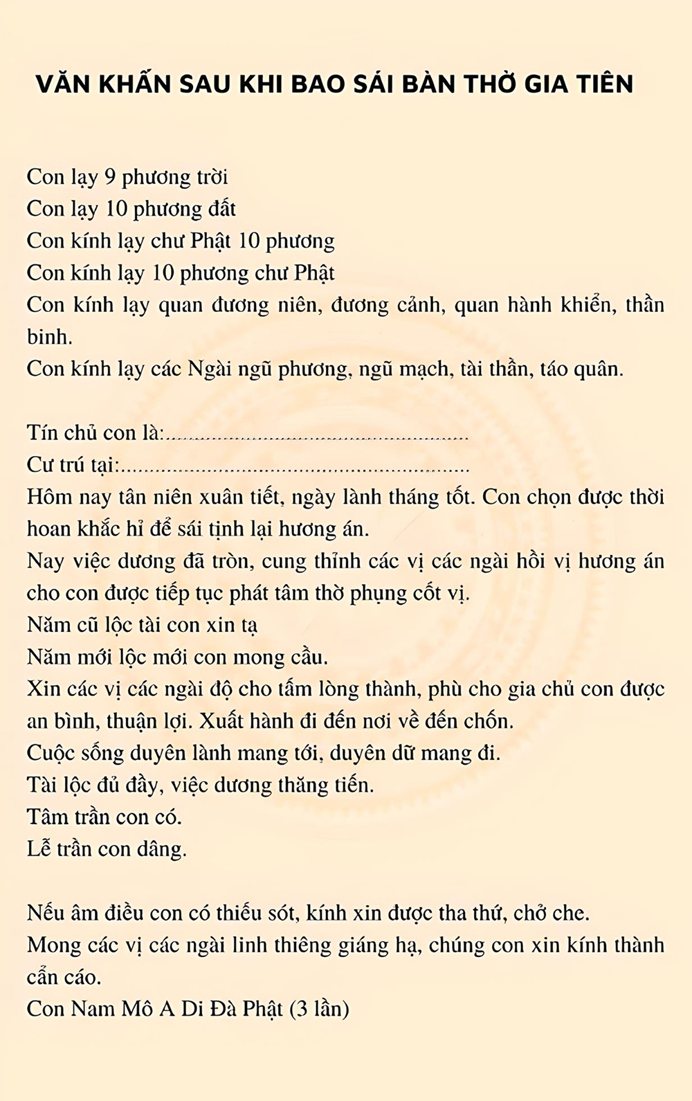 Văn Khấn Bao Sái Bàn Thờ Thần Tài Thổ Địa