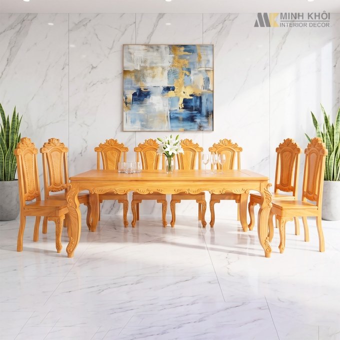 Bàn Ăn Cao Cấp Gõ Đỏ Louis 8 Ghế 1m9 – BA919