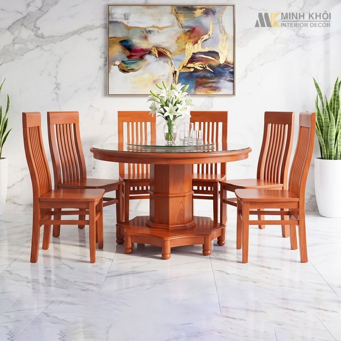Bàn Ăn Đẹp Tròn Có Mâm Xoay 6 Ghế - BA257