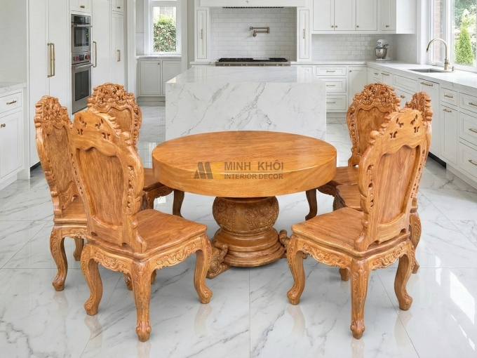 Bàn Ăn Gỗ Gõ Đỏ Mặt Liền Nguyên Khối - BA939