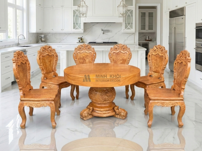 Bàn Ăn Gỗ Gõ Đỏ Mặt Liền Nguyên Khối - BA939