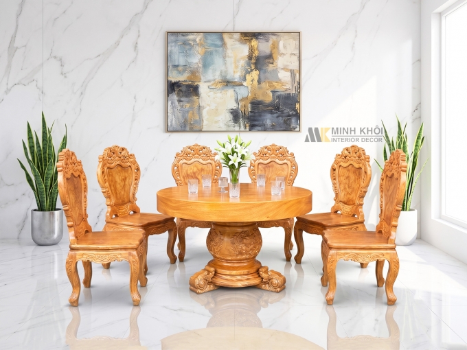 Bàn Ăn Gỗ Gõ Đỏ Mặt Liền Nguyên Khối - BA939