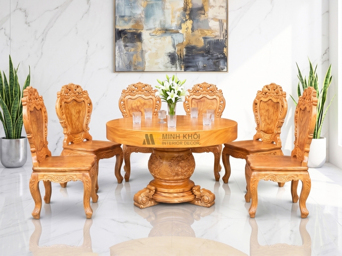 Bàn Ăn Gỗ Gõ Đỏ Mặt Liền Nguyên Khối - BA939