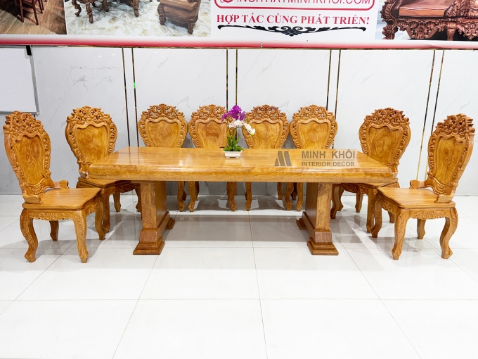 Bàn Ăn Gỗ Gõ Đỏ Mặt Liền Nguyên Khối 12cm - BA938