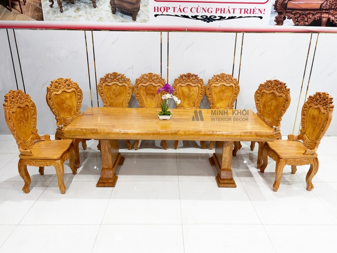 Bàn Ăn Gỗ Gõ Đỏ Mặt Liền Nguyên Khối 12cm - BA938