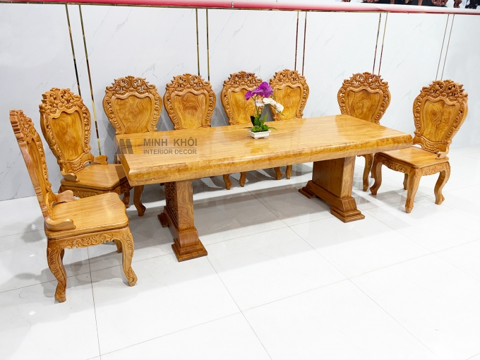 Bàn Ăn Gỗ Gõ Đỏ Mặt Liền Nguyên Khối 12cm - BA938