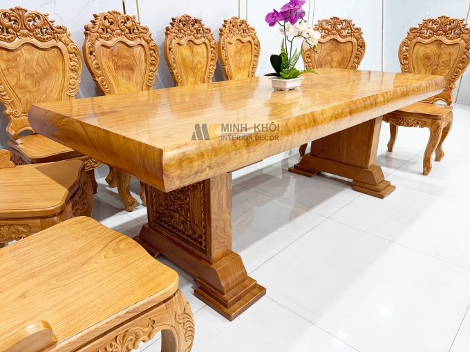 Bàn Ăn Gỗ Gõ Đỏ Mặt Liền Nguyên Khối 12cm - BA938