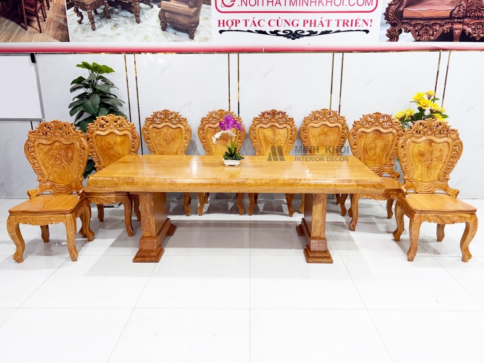 Bàn Ăn Gỗ Gõ Đỏ Mặt Liền Nguyên Khối 12cm - BA938