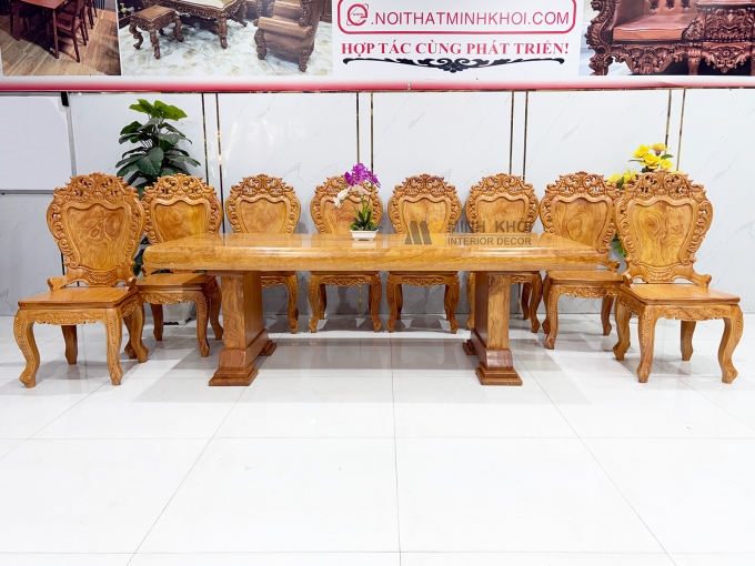 Bàn Ăn Gỗ Gõ Đỏ Mặt Liền Nguyên Khối 12cm - BA938