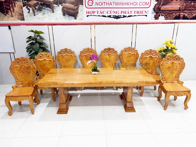 Bàn Ăn Gỗ Gõ Đỏ Mặt Liền Nguyên Khối 12cm - BA938