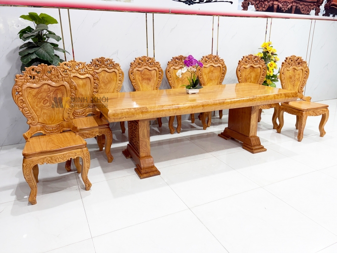 Bàn Ăn Gỗ Gõ Đỏ Mặt Liền Nguyên Khối 12cm - BA938