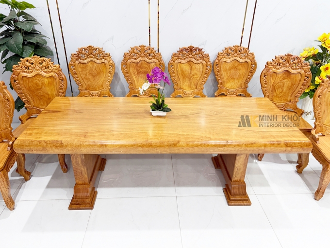 Bàn Ăn Gỗ Gõ Đỏ Mặt Liền Nguyên Khối 12cm - BA938