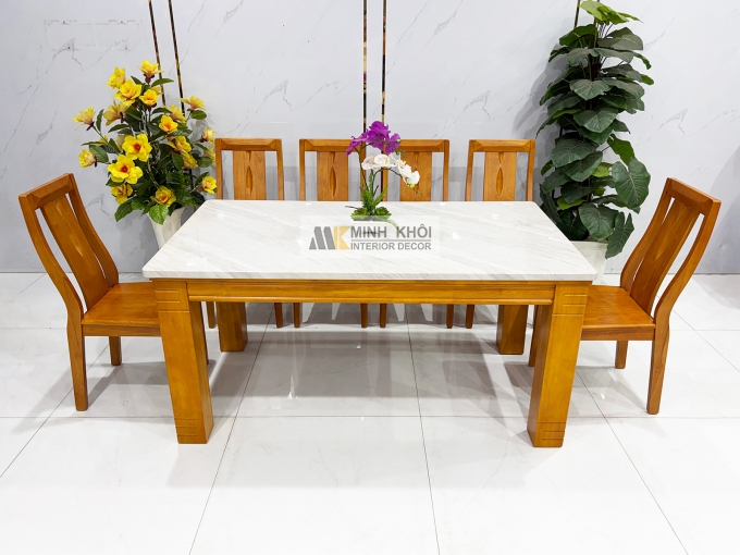 Bàn Ăn Gỗ Mặt Đá 1m6 Hiện Đại 6 Ghế - BA1003