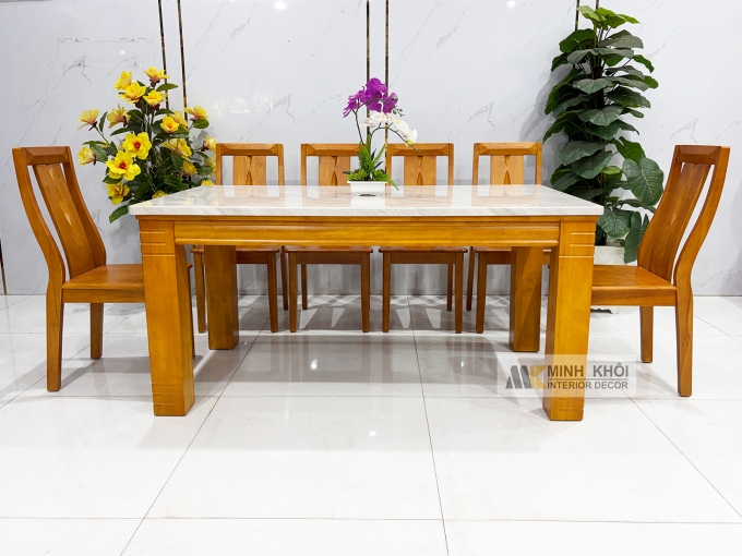 Bàn Ăn Gỗ Mặt Đá 1m6 Hiện Đại 6 Ghế - BA1003