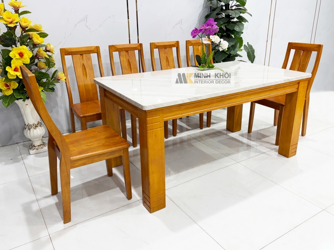 Bàn Ăn Gỗ Mặt Đá 1m6 Hiện Đại 6 Ghế - BA1003