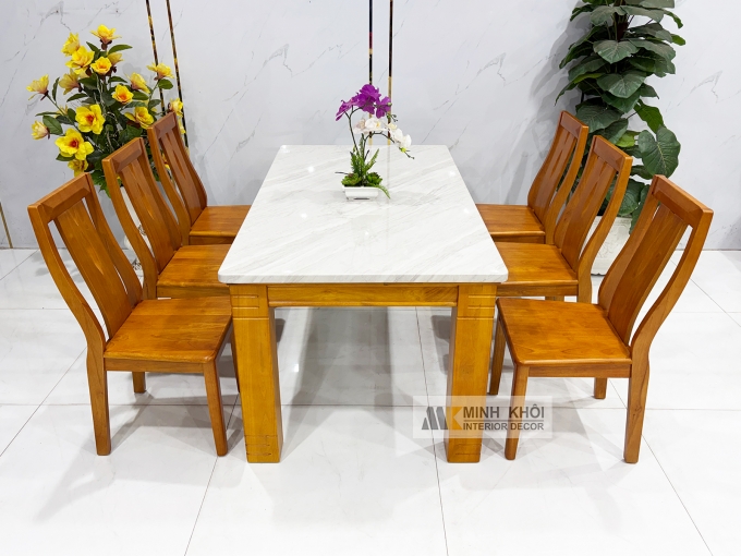 Bàn Ăn Gỗ Mặt Đá 1m6 Hiện Đại 6 Ghế - BA1003