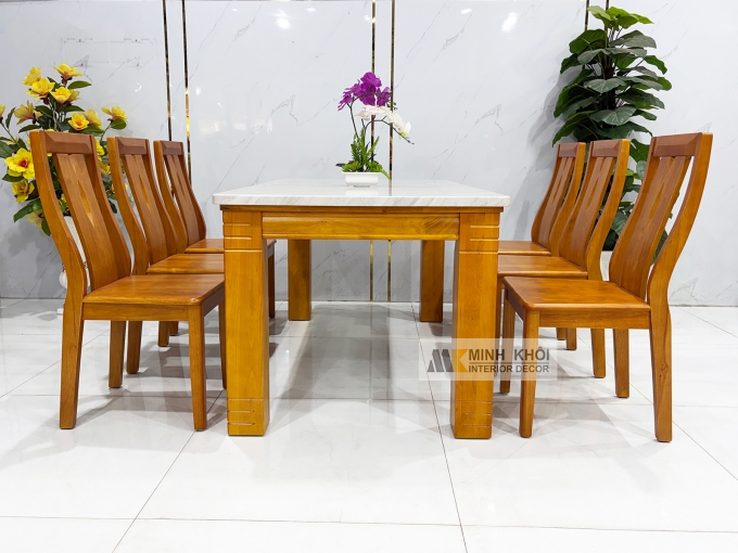 Bàn Ăn Gỗ Mặt Đá 1m6 Hiện Đại 6 Ghế - BA1003